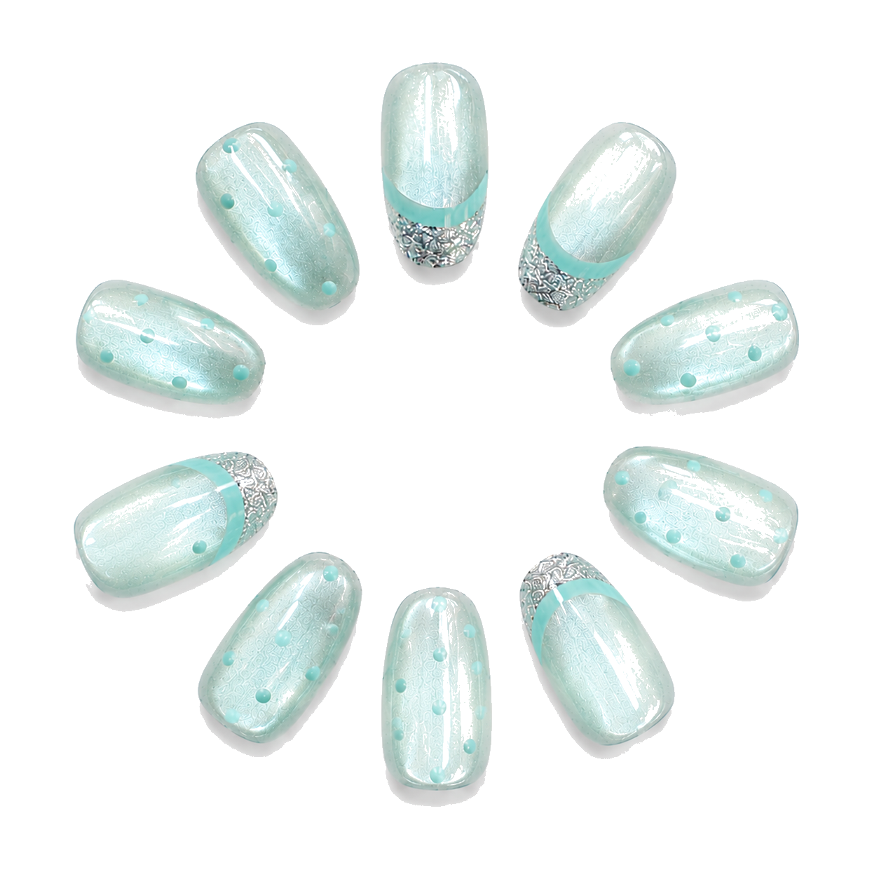 H-011-E Handmade Floral Medium Almond Press-On Nails - White background front view - UB2 BEAUTY