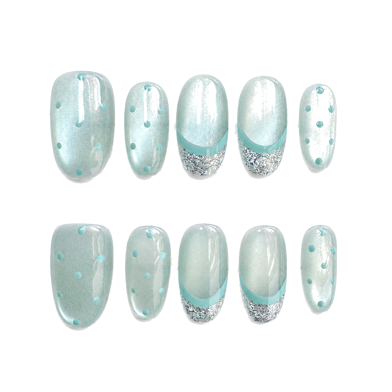 H-011-E Handmade Floral Medium Almond Press-On Nails - White background two-hand styling view - UB2 BEAUTY