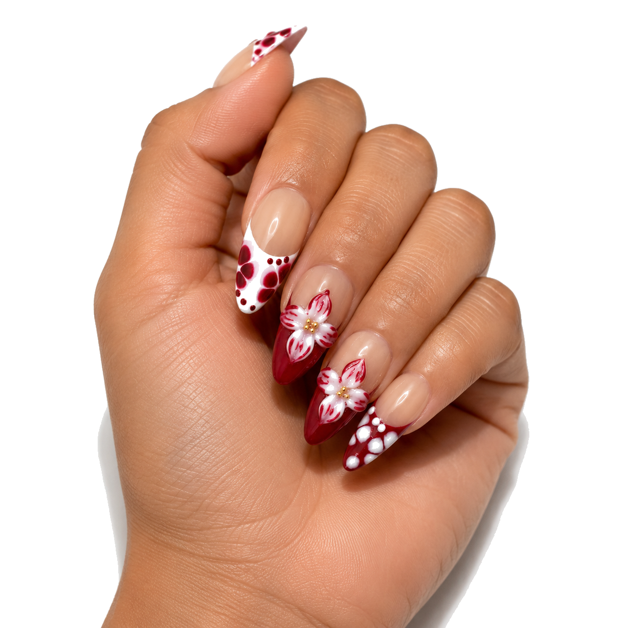 L-001-E Handmade Nude Medium Almond Press-On Nails - White background circular layout view - UB2 BEAUTY