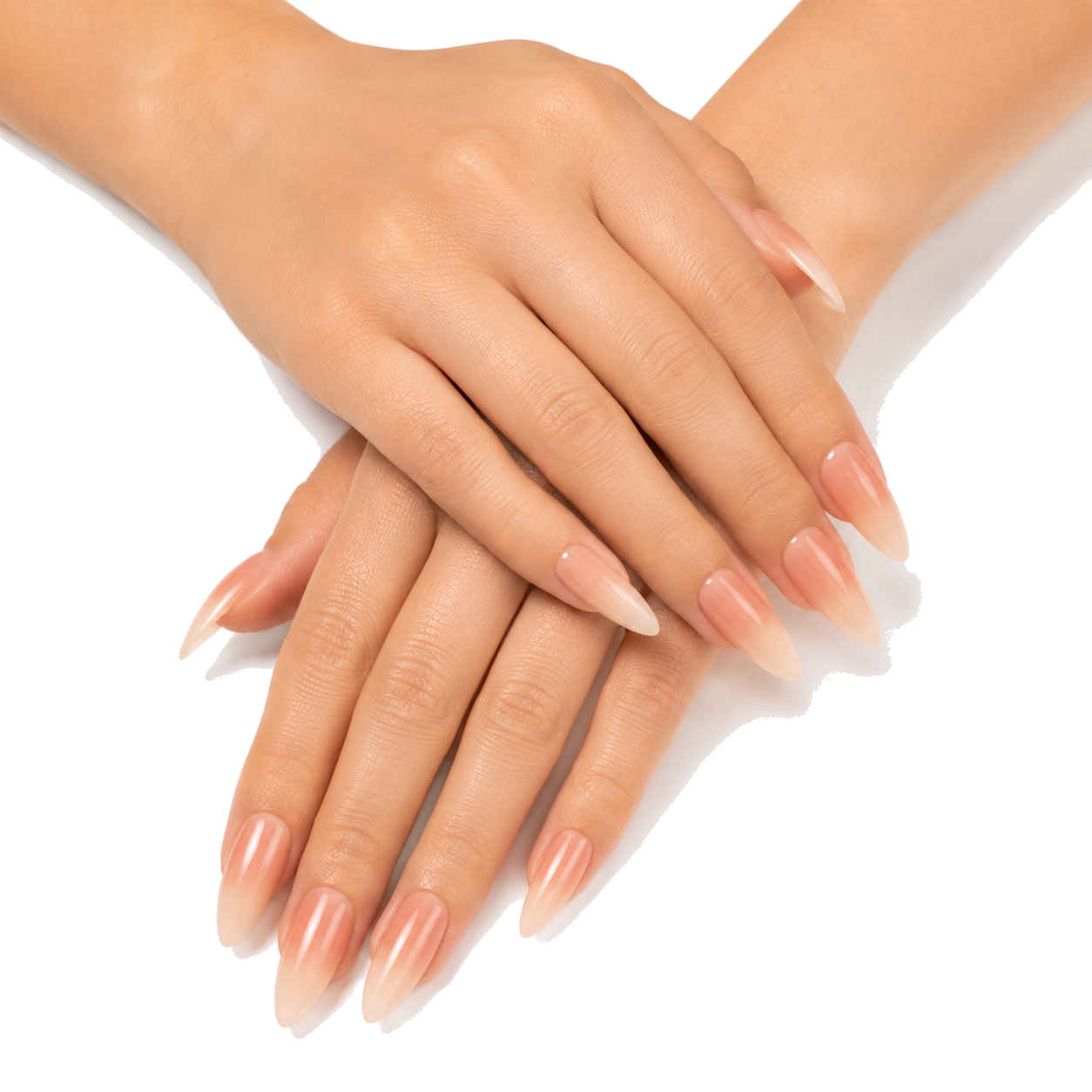 L-002-F Handmade Nude Medium Pointed Oval Press-On Nails - White background circular layout view - UB2 BEAUTY