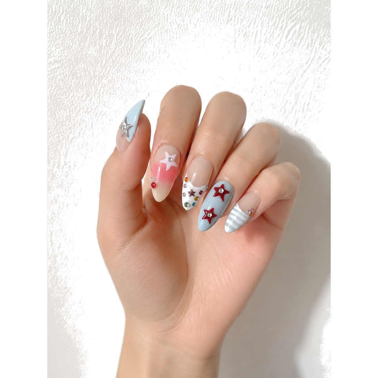 M-001-E Handmade Cat Eye Medium Almond Press-On Nails - White background front view - UB2 BEAUTY