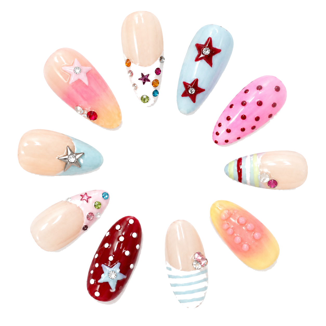 M-001-E Handmade Cat Eye Medium Almond Press-On Nails - White background circular layout view - UB2 BEAUTY