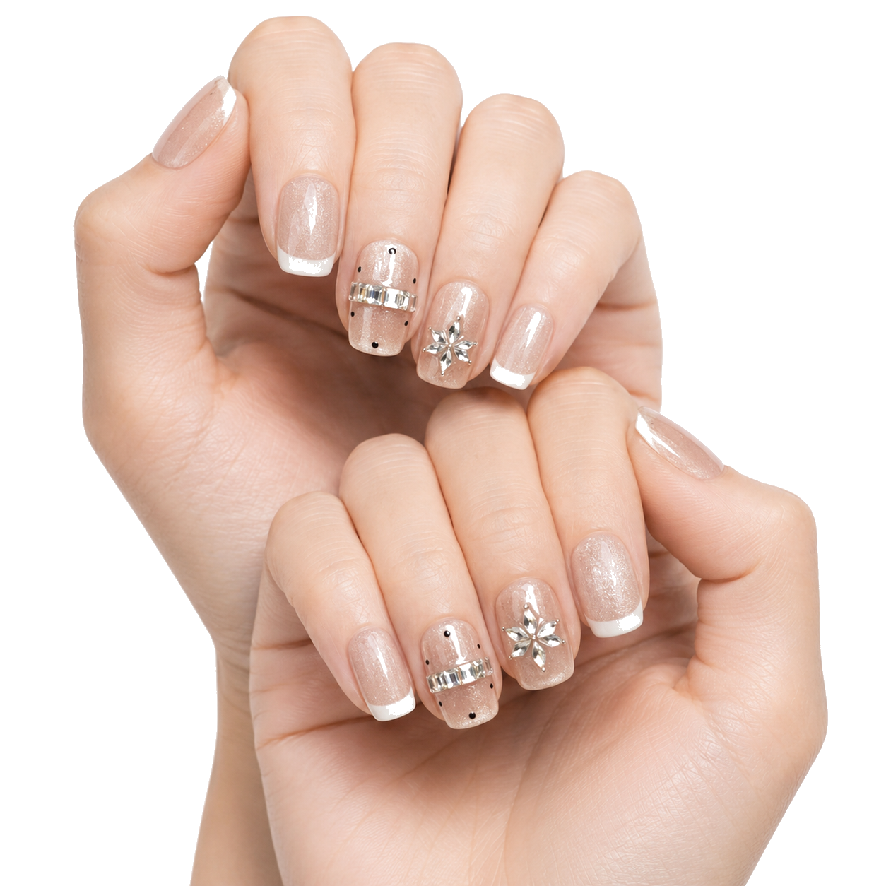 M-002-D Handmade Cat Eye Medium Square Press-On Nails - White background two-hand styling view - UB2 BEAUTY
