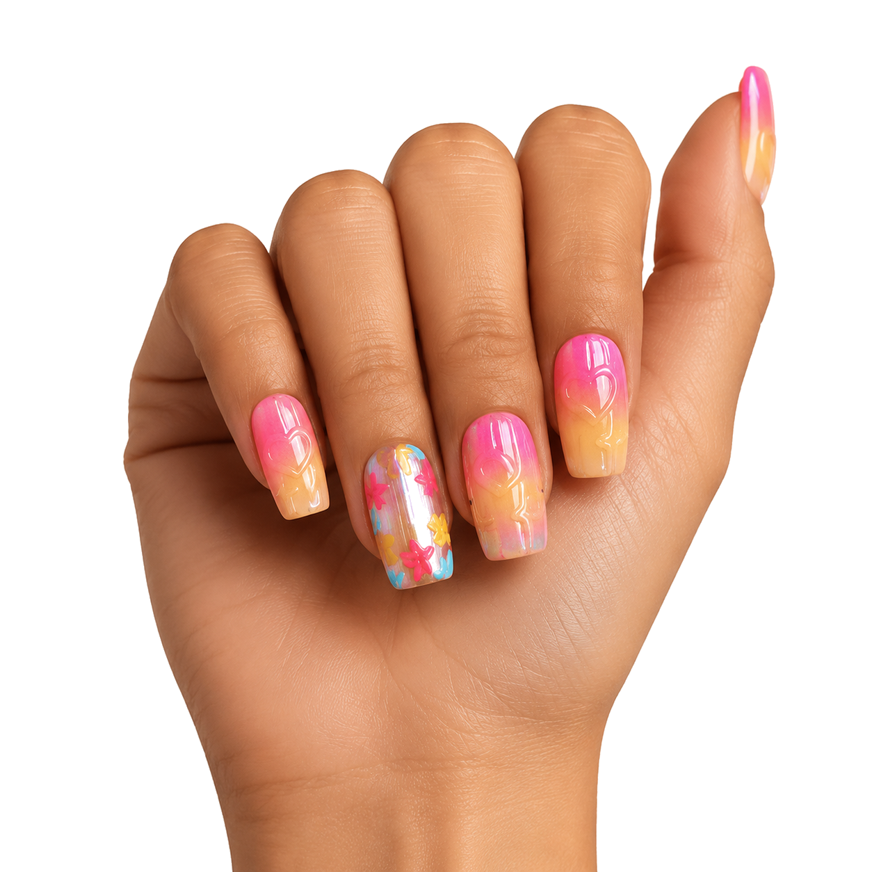 M-003-B Handmade Cat Eye Short Squoval Press-On Nails - White background hand close-up view - UB2 BEAUTY