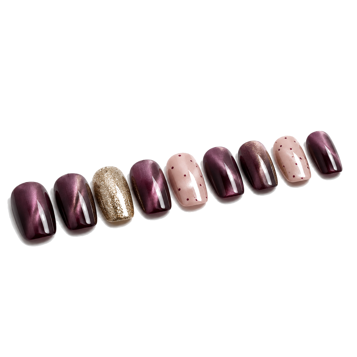 M-004-A Handmade Cat Eye Short Square Press-On Nails - White background hand close-up view - UB2 BEAUTY