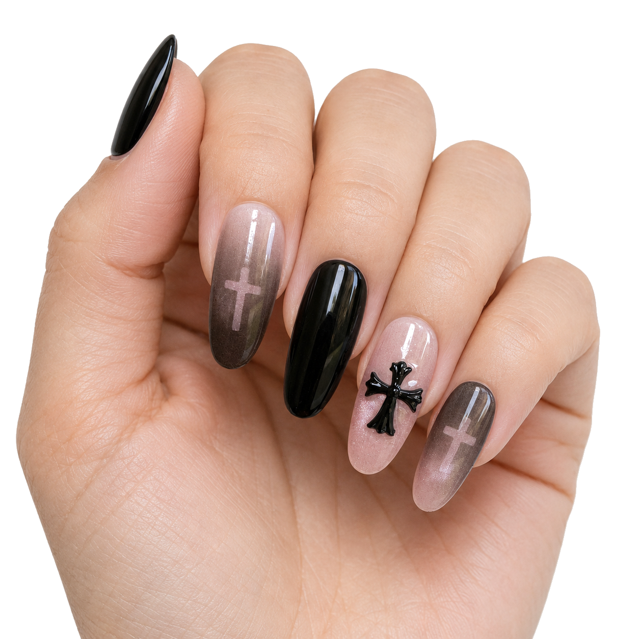 M-007-B Handmade Cat Eye Short Squoval Press-On Nails - White background front view - UB2 BEAUTY