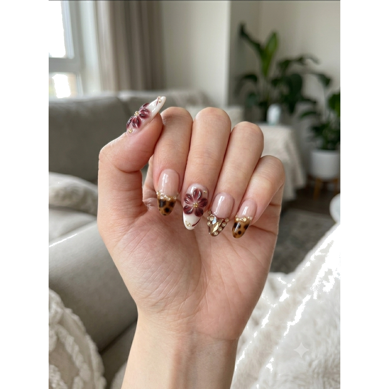 O-002-E Handmade Western Style Medium Almond Press-On Nails - White background two-hand styling view - UB2 BEAUTY