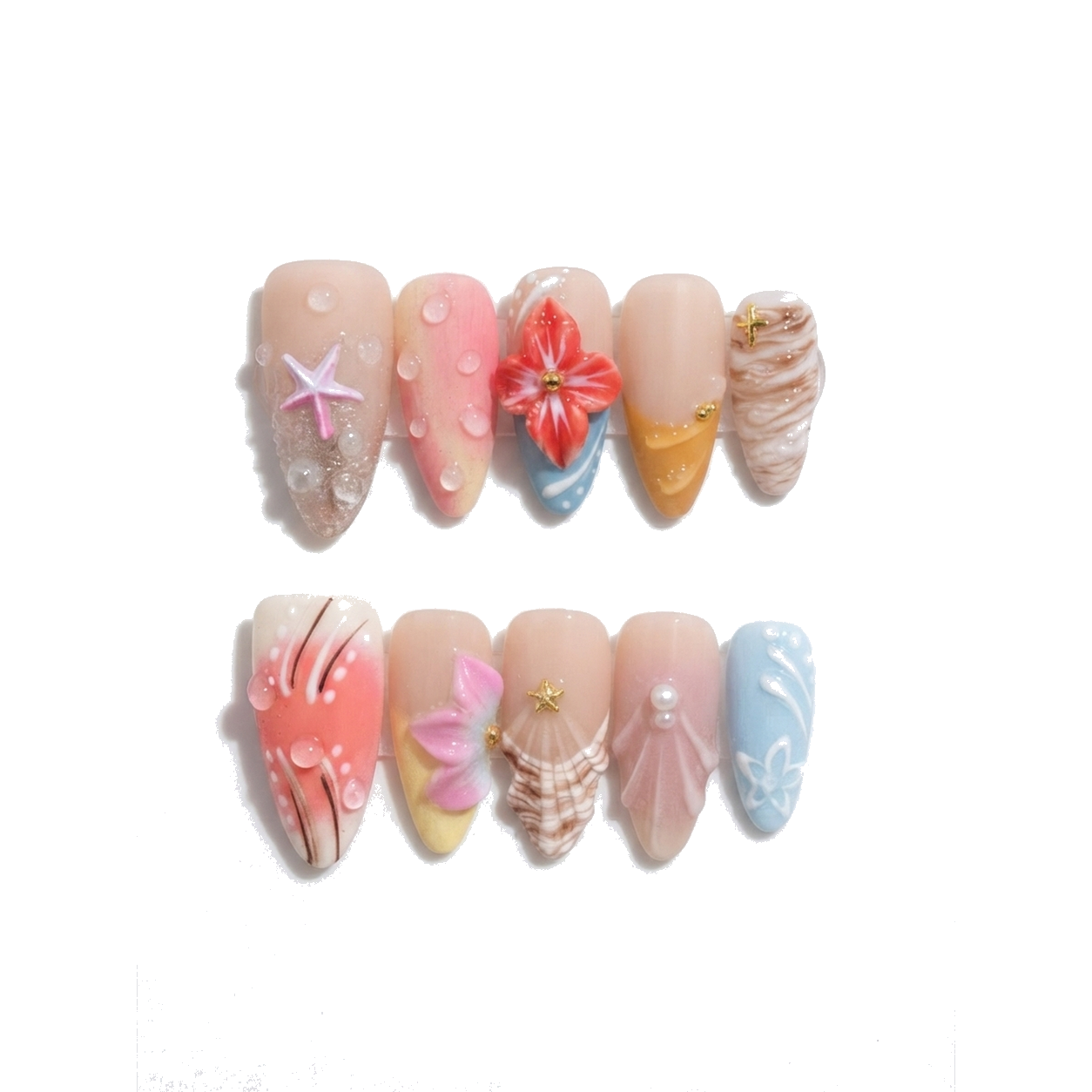 O-003-E Handmade Western Style Medium Almond Press-On Nails - White background 45-degree side view - UB2 BEAUTY