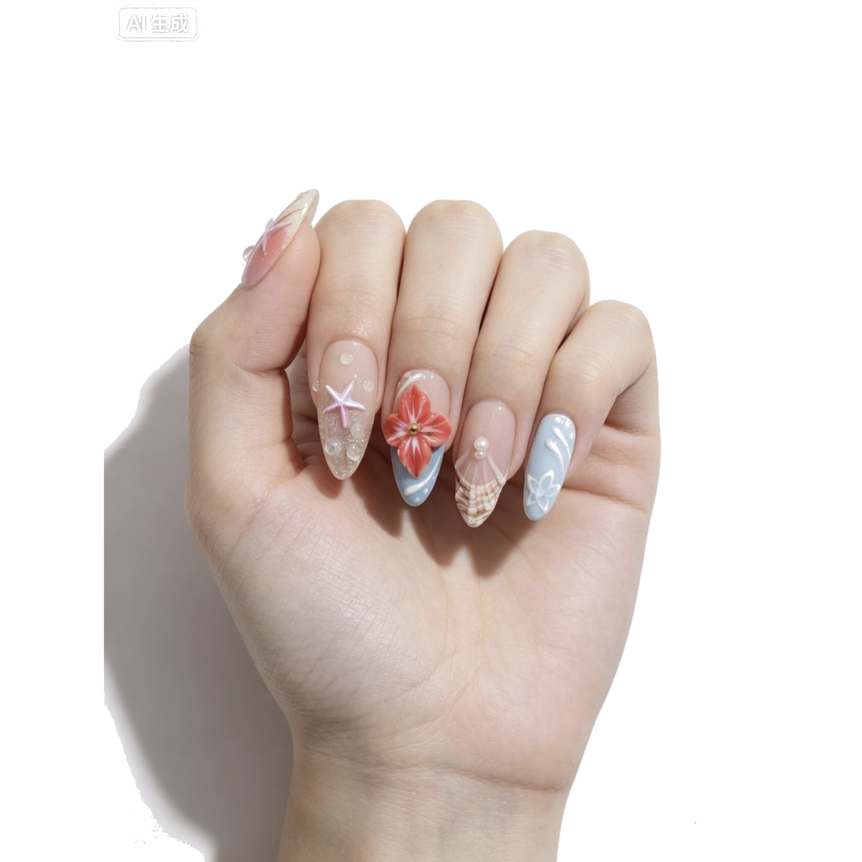 O-003-E Handmade Western Style Medium Almond Press-On Nails - White background hand close-up view - UB2 BEAUTY