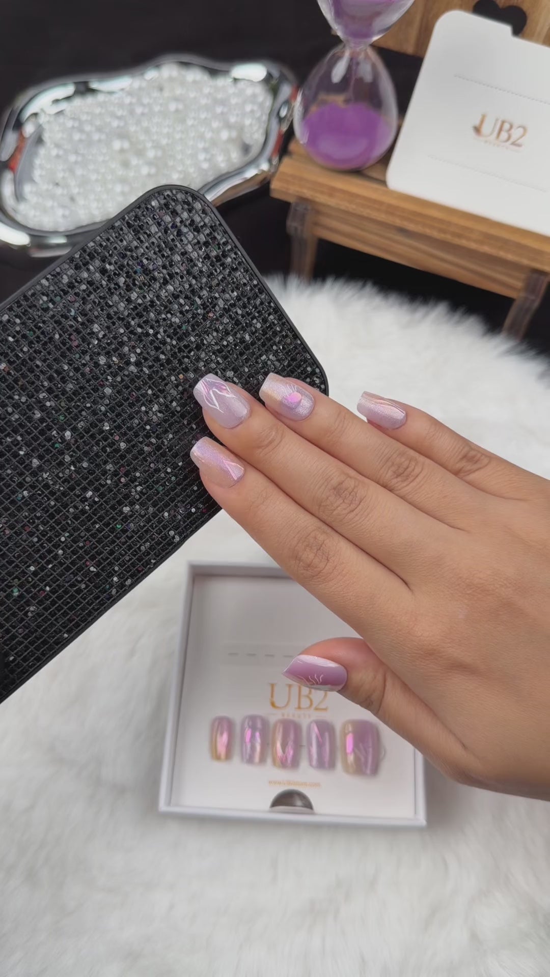 Load video: Step-by-step application of Lavender Flash lavender iridescent abstract square press-on nails