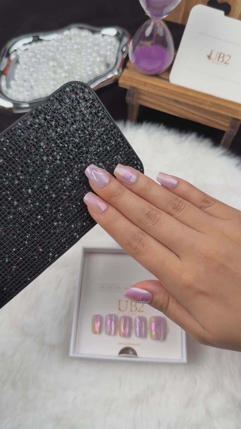 Step-by-step application of Lavender Flash lavender iridescent abstract square press-on nails