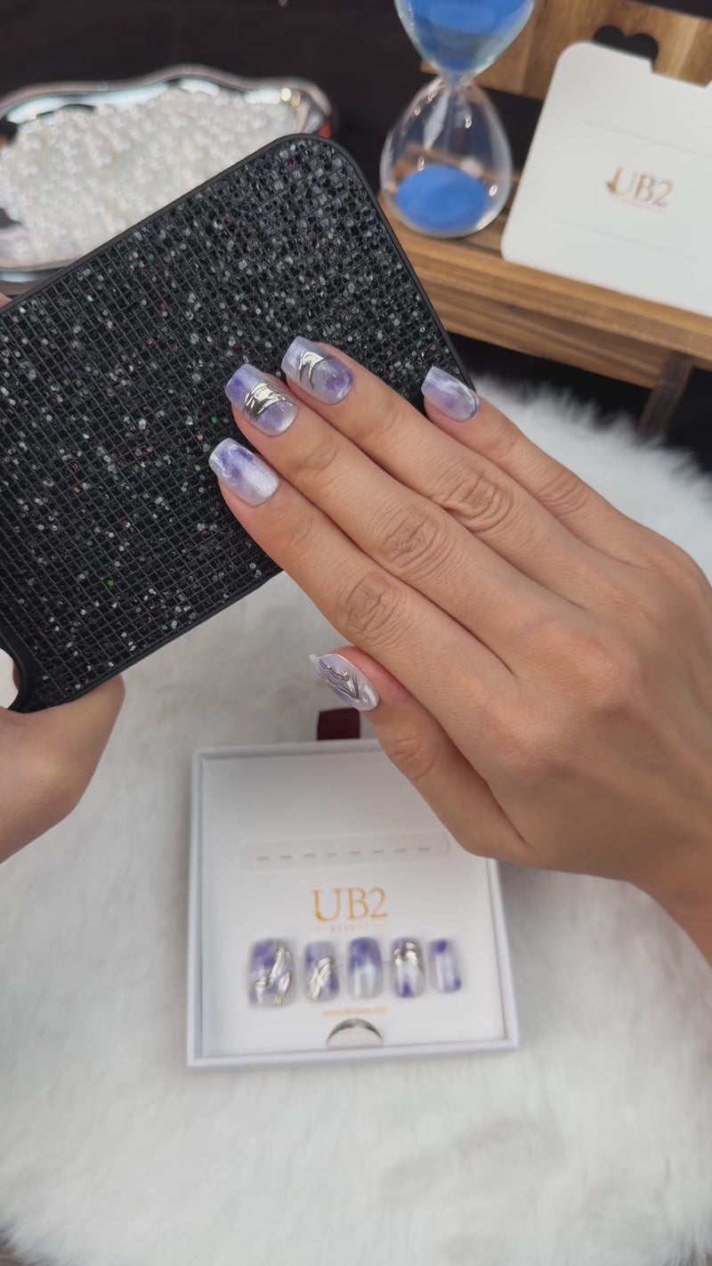 Step-by-step application of Violet Marble blue-violet marble square press-on nails
