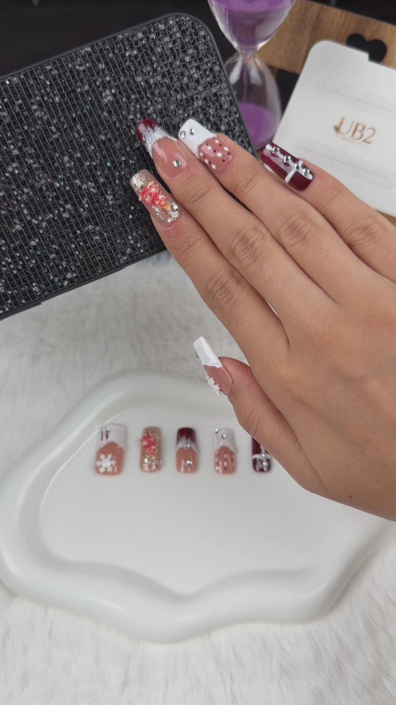 Step-by-step application of Winter Rose burgundy glitter and white snowflake Christmas square press-on nails
