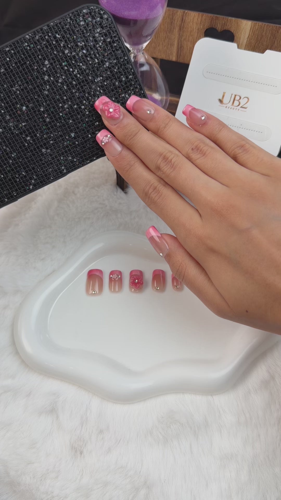 Load video: Step-by-step application of Rose pink French tip 3D floral medium square press-on nails