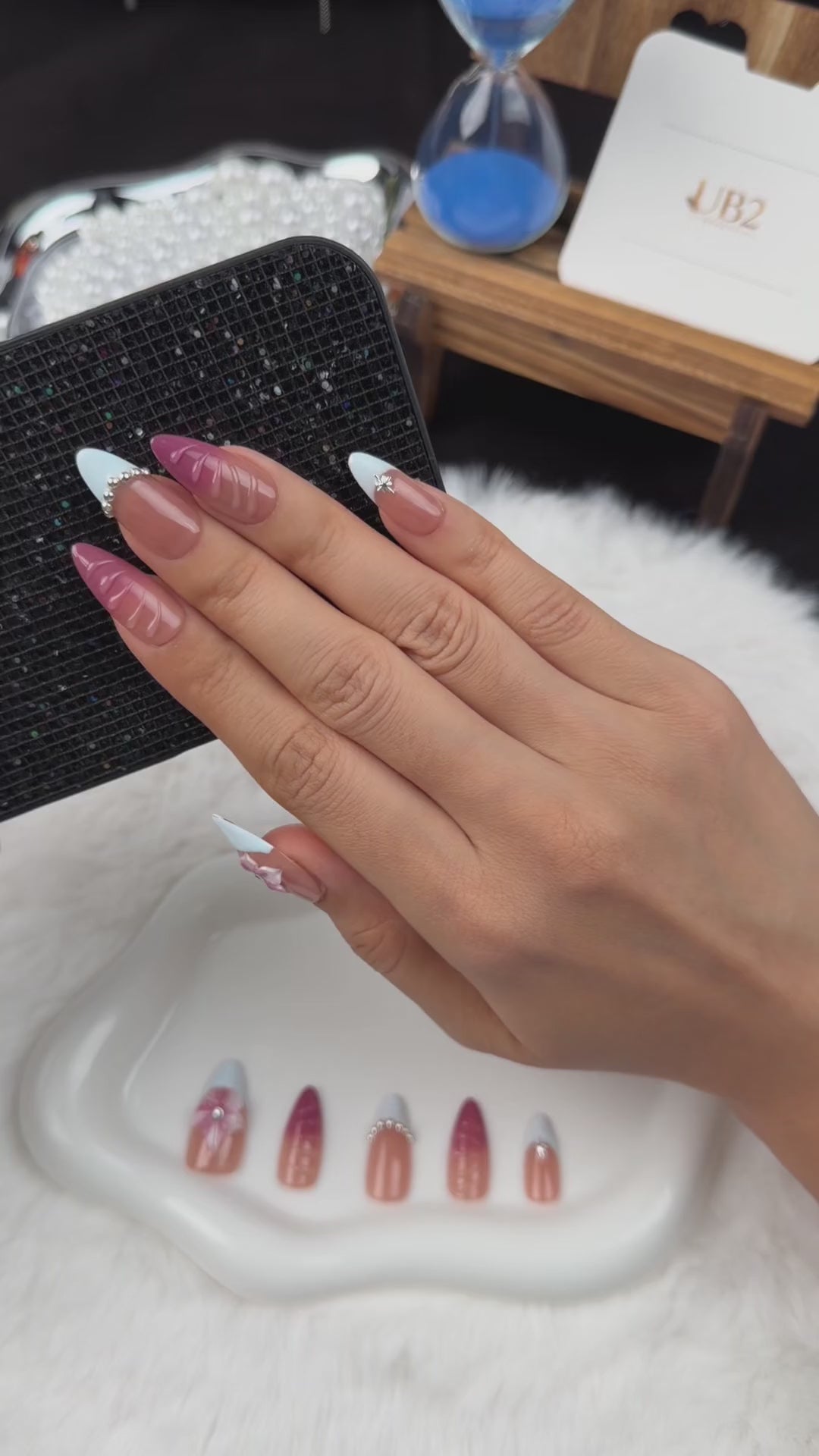 Load video: Step-by-step application of Rose Lattice pink French tip almond press-on nails with raised flowers