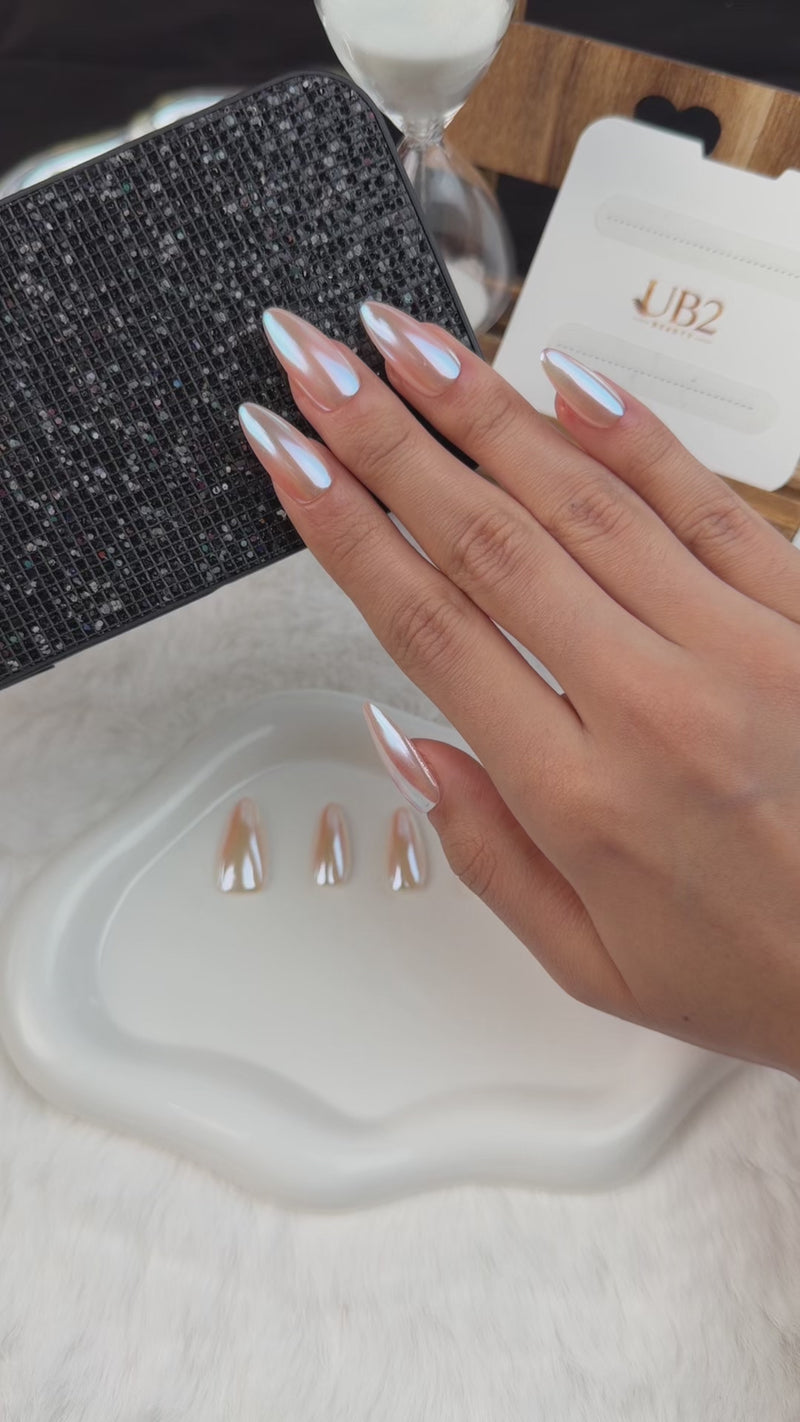 Step-by-step application of Pearl lilac chrome long almond press-on nails