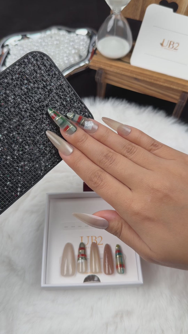 Step-by-step application of Cozy Plaid champagne and green plaid Christmas almond press-on nails