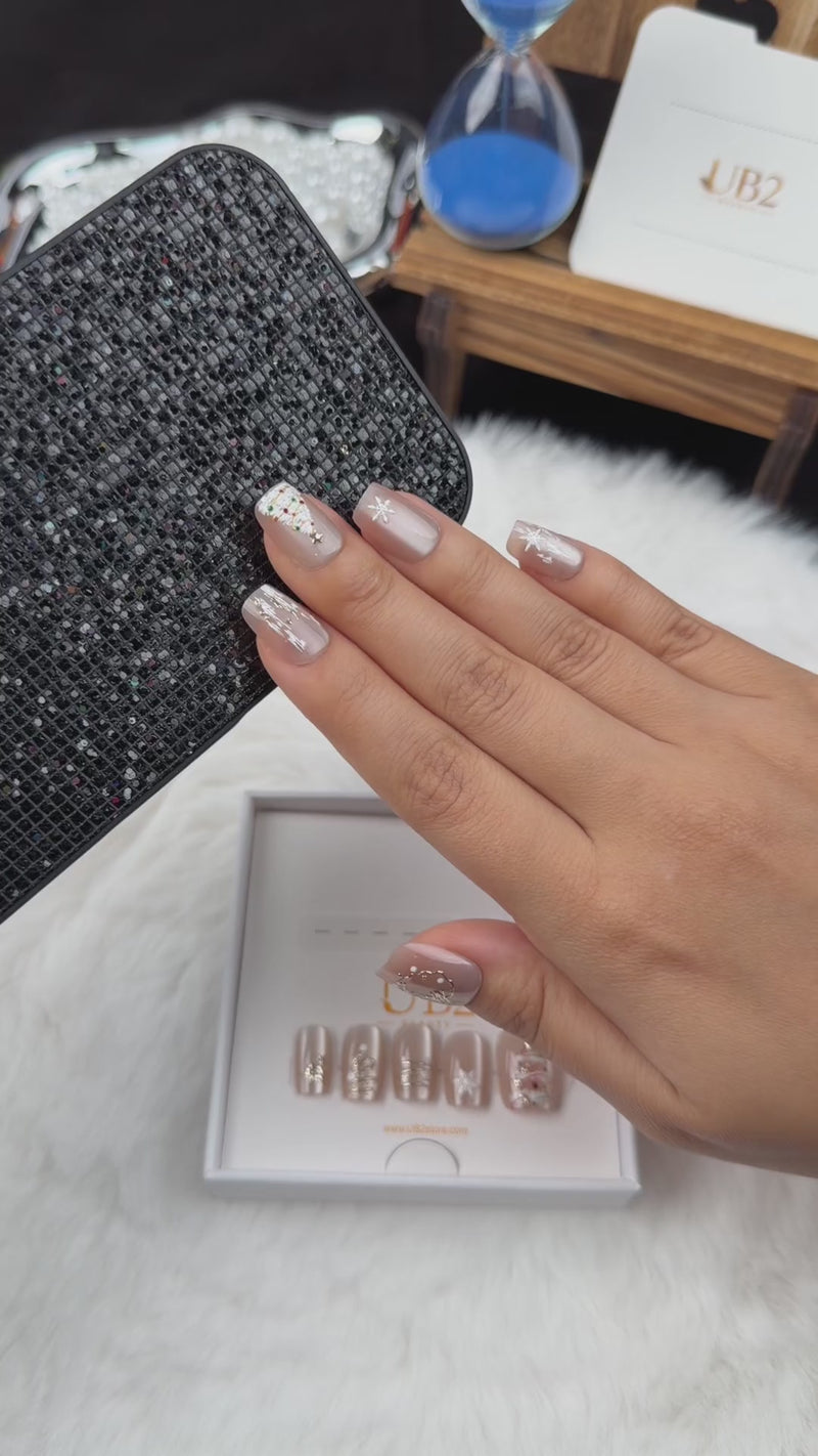 Step-by-step application of Champagne Fir champagne tree and snowflake Christmas square press-on nails