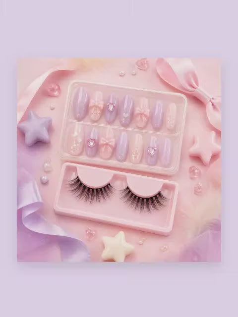 Cute press-on nails and false eyelashes beauty kit video