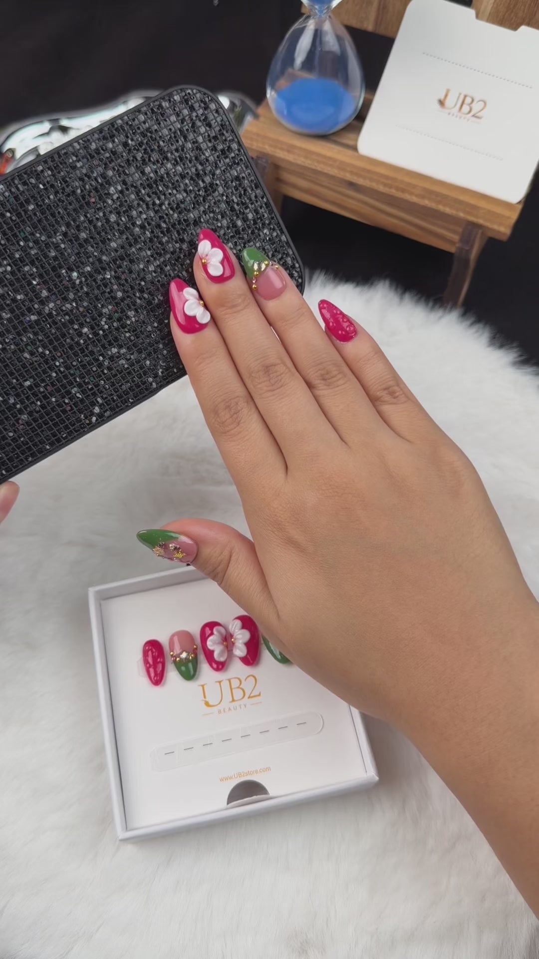 Load video: Step-by-step application of Holly Petals green and berry red Christmas floral almond press-on nails