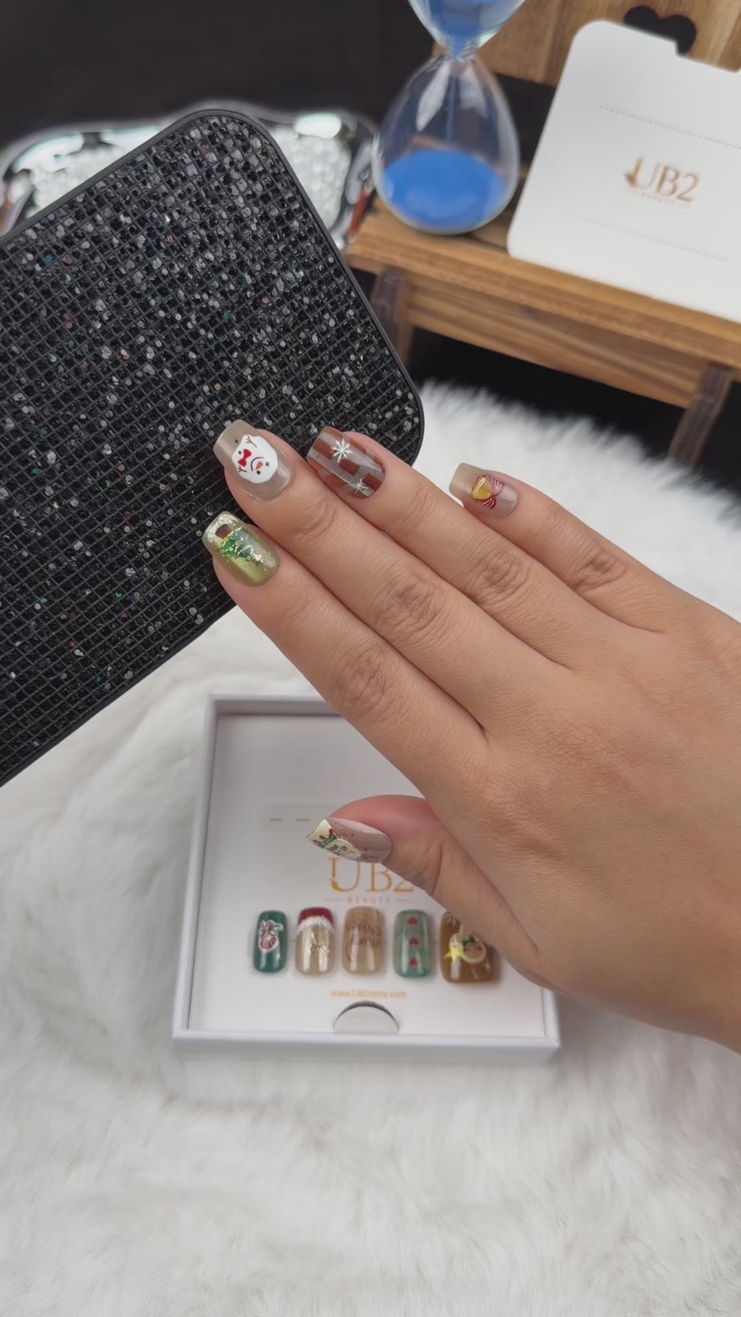 Load video: Step-by-step application of Holiday Patchwork plaid and festive Christmas square press-on nails
