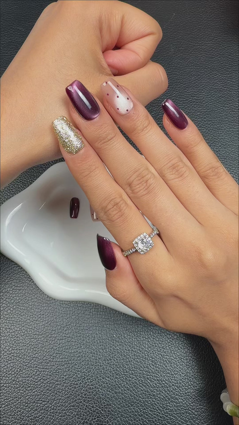 Step-by-step application of Burgundy cat eye gold glitter medium square press-on nails