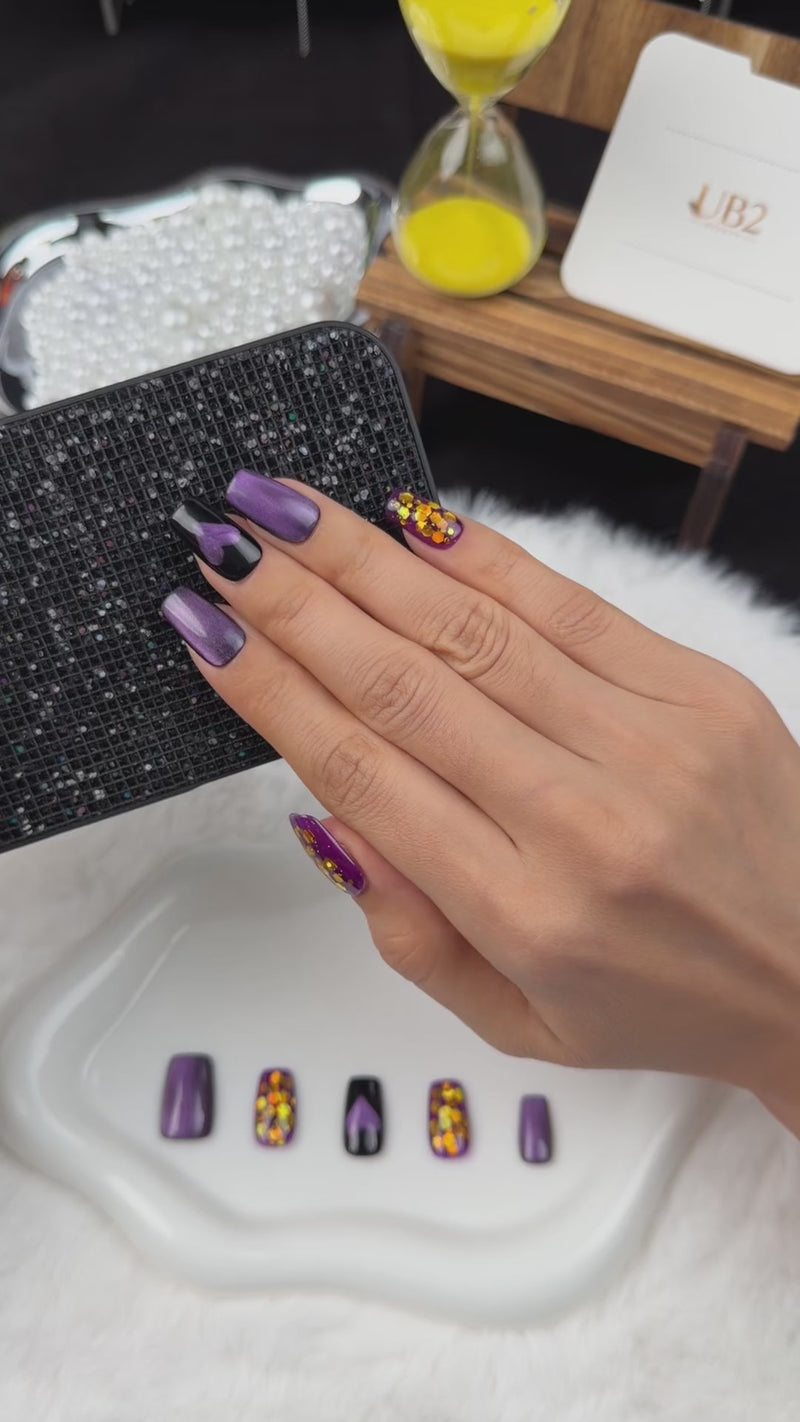 Step-by-step application of Purple Hearts purple cat eye and gold glitter heart square press-on nails