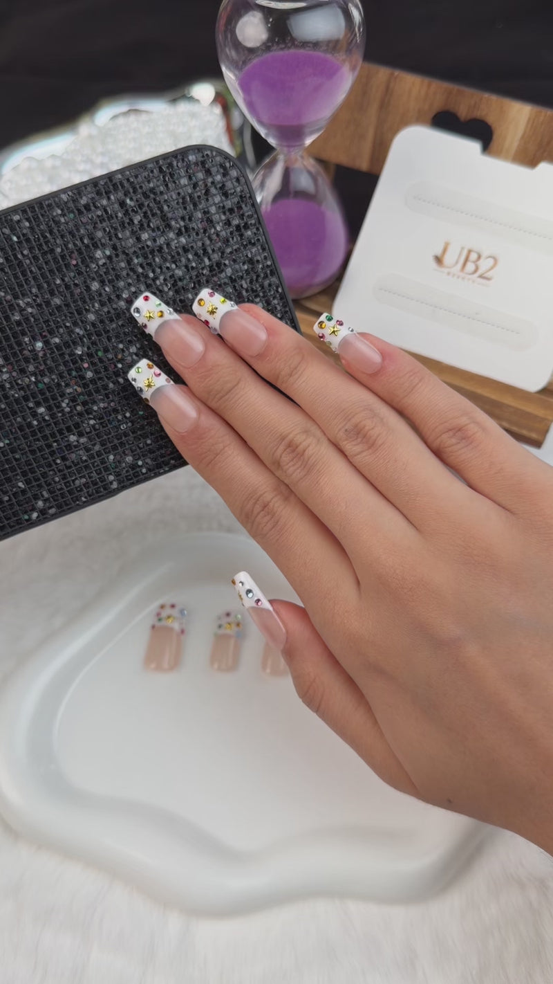 Step-by-step application of Confetti French colorful floral French tip medium square press-on nails