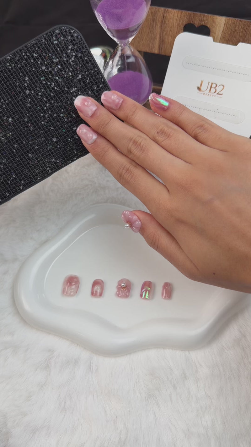 Step-by-step application of Blush pink jelly 3D floral pearl short square press-on nails