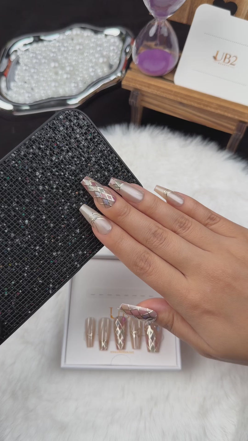 Step-by-step application of Pastel Mosaic pastel harlequin and bow coffin press-on nails