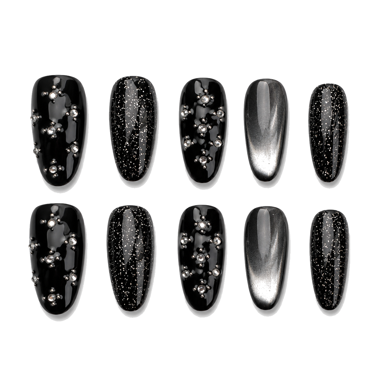 S-001-B Handmade Glitter Short Squoval Press-On Nails - White background 45-degree side view - UB2 BEAUTY