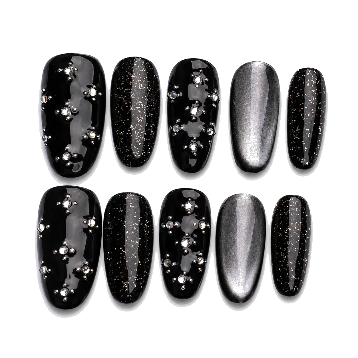 S-001-B Handmade Glitter Short Squoval Press-On Nails - White background circular layout view - UB2 BEAUTY