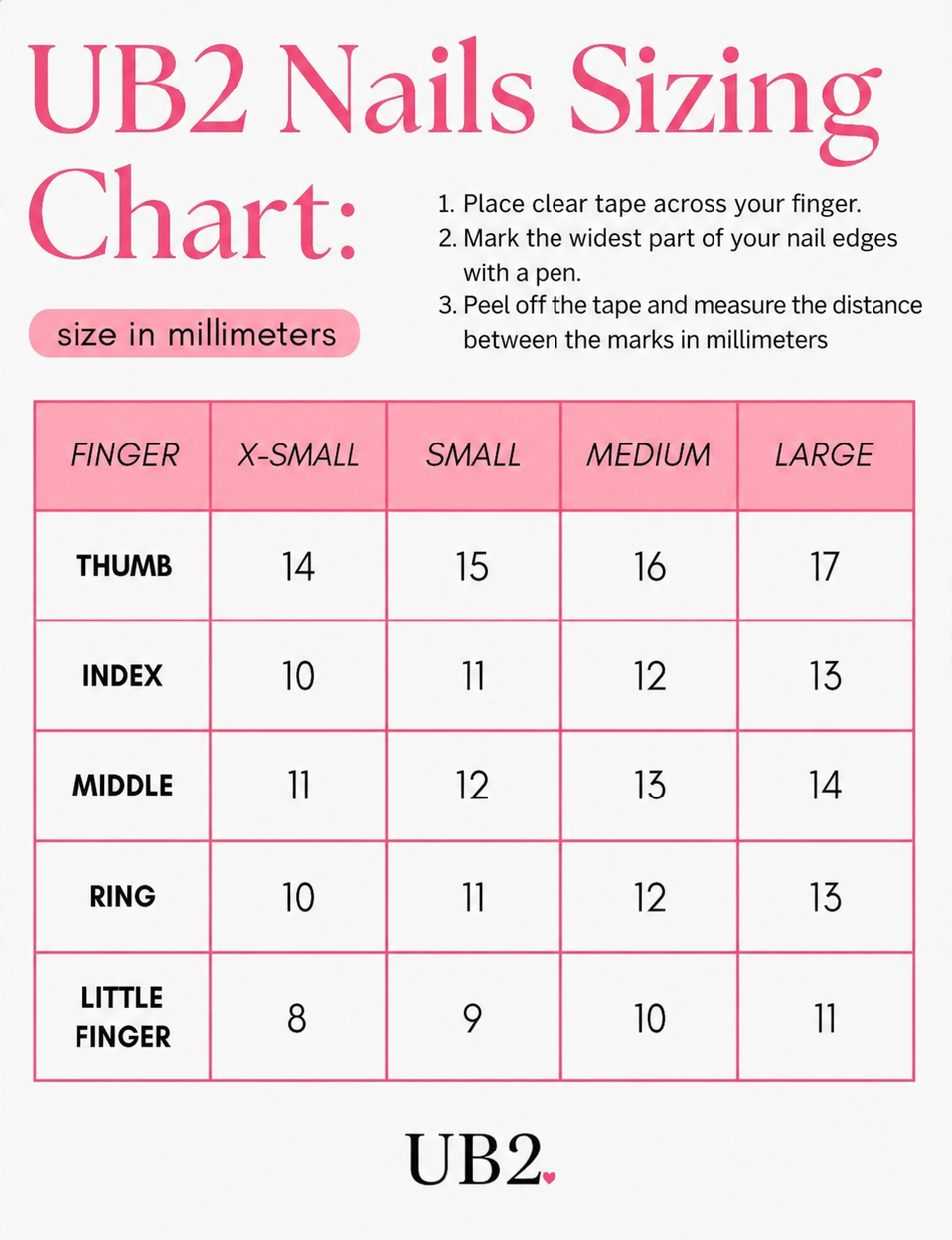 UB2 press-on nails sizing chart in millimetres