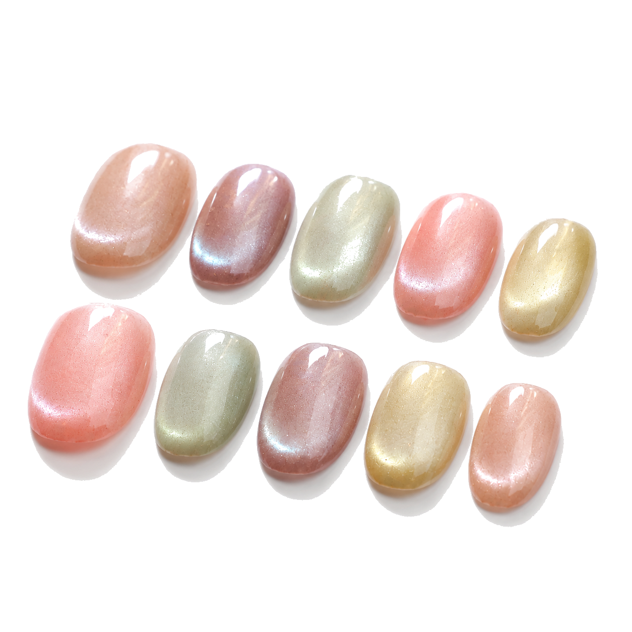 T-001-E Handmade Multi-Color Medium Almond Press-On Nails - White background 45-degree side view - UB2 BEAUTY