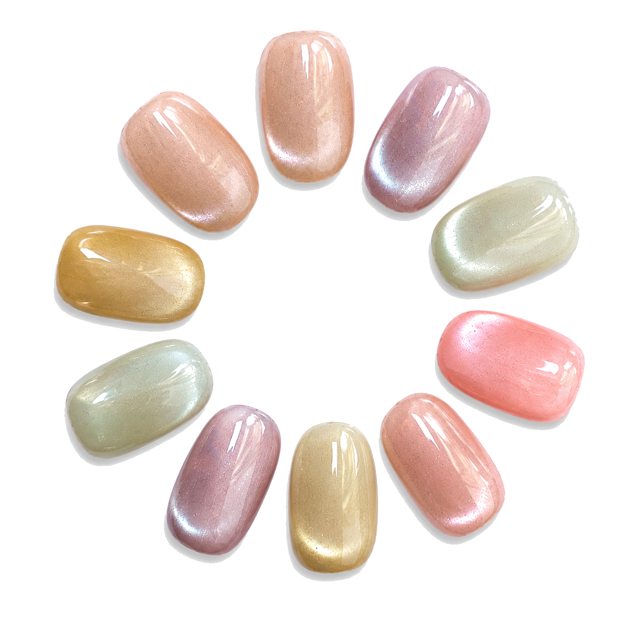 T-001-E Handmade Multi-Color Medium Almond Press-On Nails - White background hand close-up view - UB2 BEAUTY