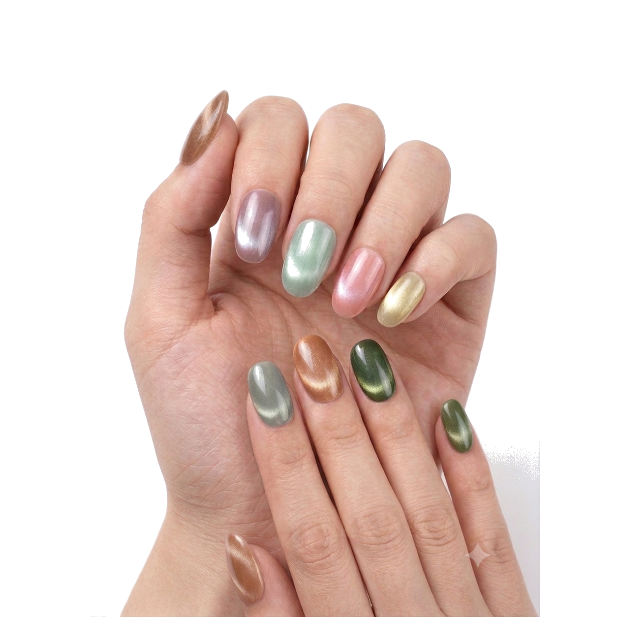 T-001-E Handmade Multi-Color Medium Almond Press-On Nails - White background front view - UB2 BEAUTY