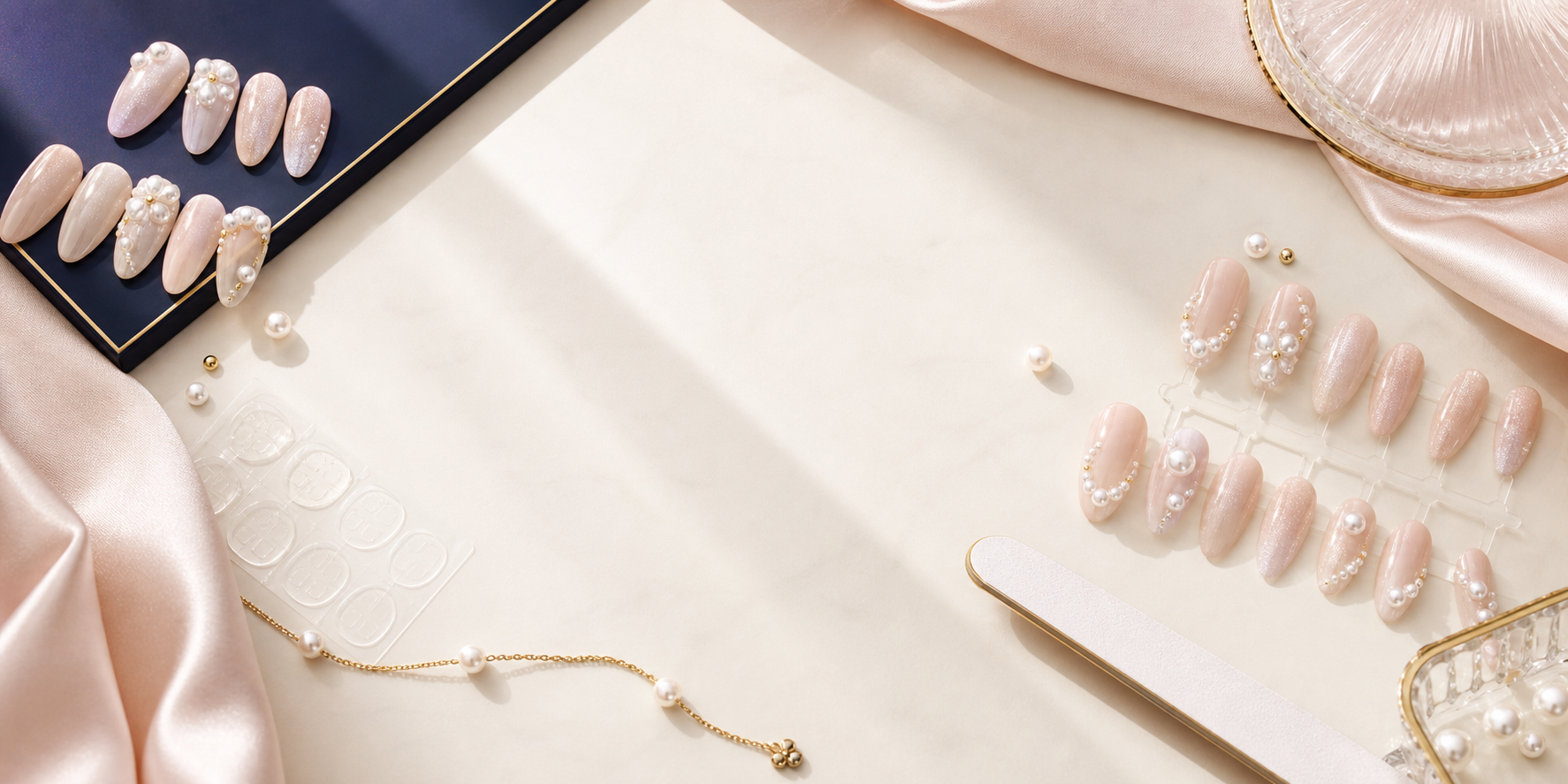 UB2 BEAUTY pearl press-on nails background