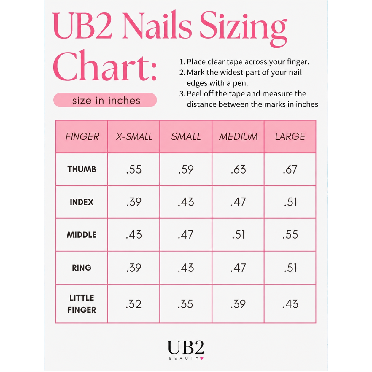 UB2 nails sizing chart in inches