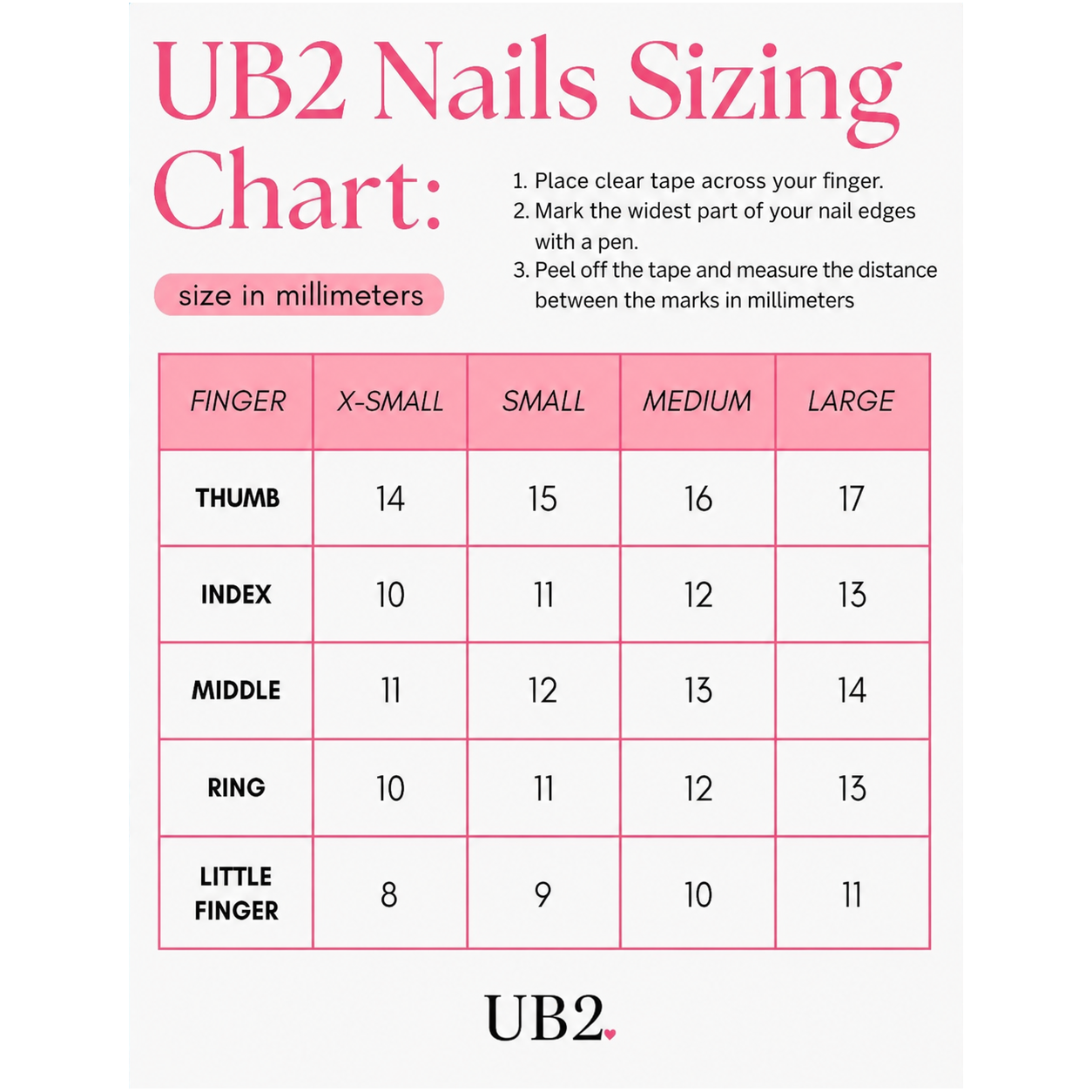 UB2 nails sizing chart in millimeters